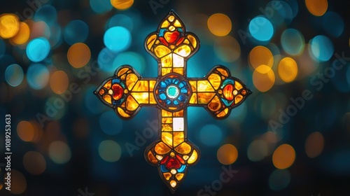 Illuminated stained glass cross window featuring vibrant colors, surrounded by soft bokeh lights, capturing the spiritual essence of Christianity. photo