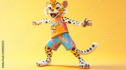 A playful cartoon leopard character in vibrant beachwear, exuding fun and energy.