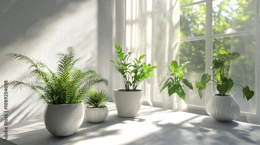 A serene interior scene showcasing bright white walls and lush green plants arranged elegantly on a sunlit windowsill, creating a refreshing ambiance. A serene interior scene showcasing bright white walls and lush green plants arranged elegantly on a sunlit windowsill, creating a refreshing ambiance.