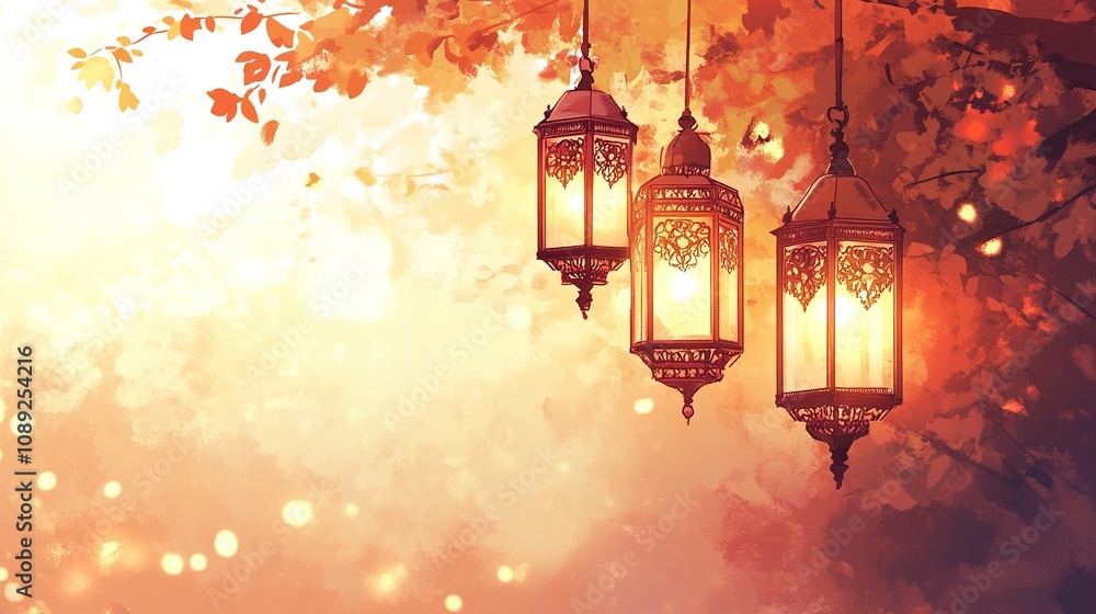 one hanging Islamic lanterns on a blurry light background. it will be on the left side of the artboard, generative ai one hanging Islamic lanterns on a blurry light background. it will be on the left side of the artboard, generative ai