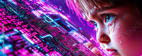 Wallpaper Mural girl gazes at her reflection in phone, tears glistening Torontodigital.ca