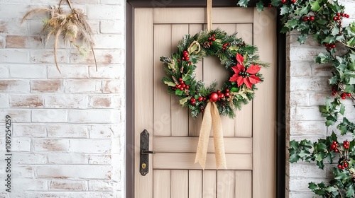 A festive holiday wreath adorns a welcoming door, creating a cozy winter atmosphere perfect for celebrations. photo