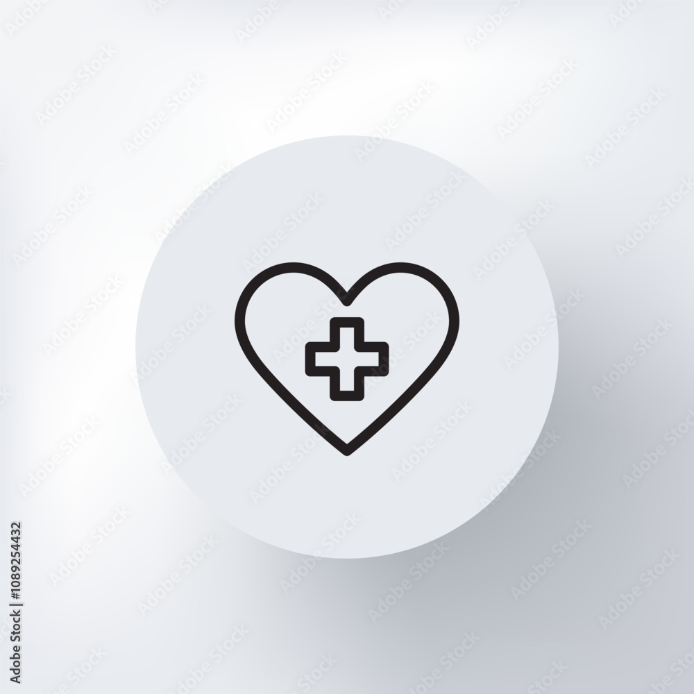 Minimalist heart icon with a medical cross in the middle in a circle on a light gray background. Minimalist heart icon with a medical cross in the middle in a circle on a light gray background.