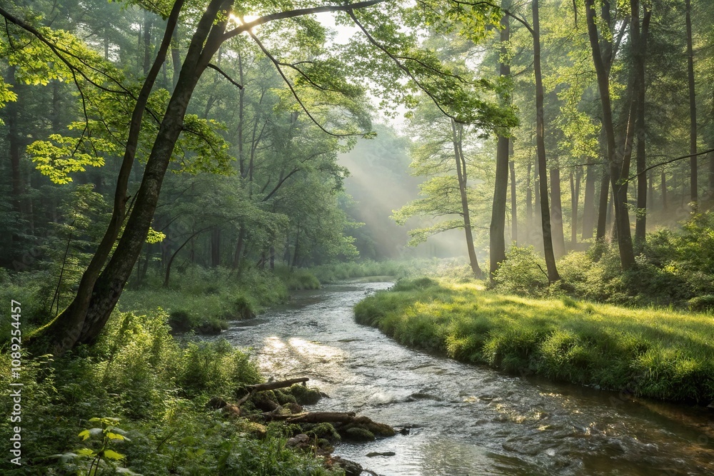 A tranquil forest scene with a meandering stream running through it illuminated by sunlight filtering through the trees, forests, serene landscapes, lush greenery A tranquil forest scene with a meandering stream running through it illuminated by sunlight filtering through the trees, forests, serene landscapes, lush greenery
