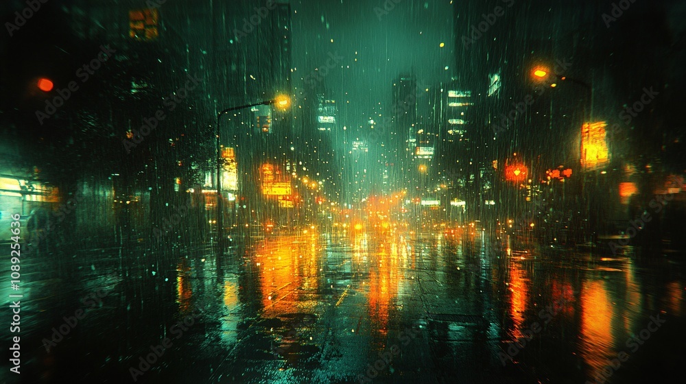 Blurred vision of bright streetlights at night, halo effects around the lights with streaks of glow, a cityscape slightly out of focus, rain lightly falling, Blurred vision of bright streetlights at night, halo effects around the lights with streaks of glow, a cityscape slightly out of focus, rain lightly falling,