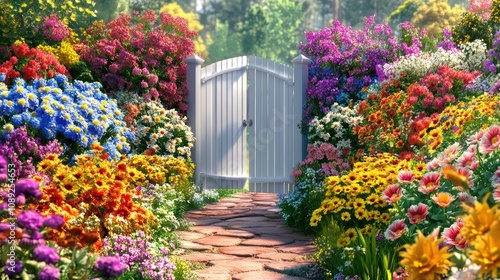 Fototapeta Naklejka Na Ścianę i Meble -  Charming garden entryway featuring a white gate framed by a stunning display of vibrant, colorful flowers in full bloom.
