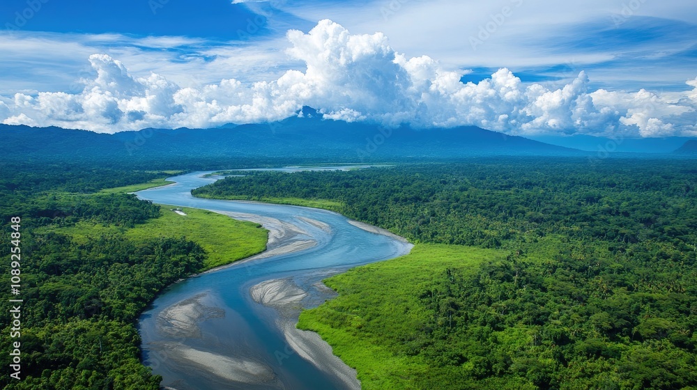 Aerial View of Serpentine River Flowing Through Verdant Delta Surrounded by Lush Greenery and Majestic Clouds Above Aerial View of Serpentine River Flowing Through Verdant Delta Surrounded by Lush Greenery and Majestic Clouds Above