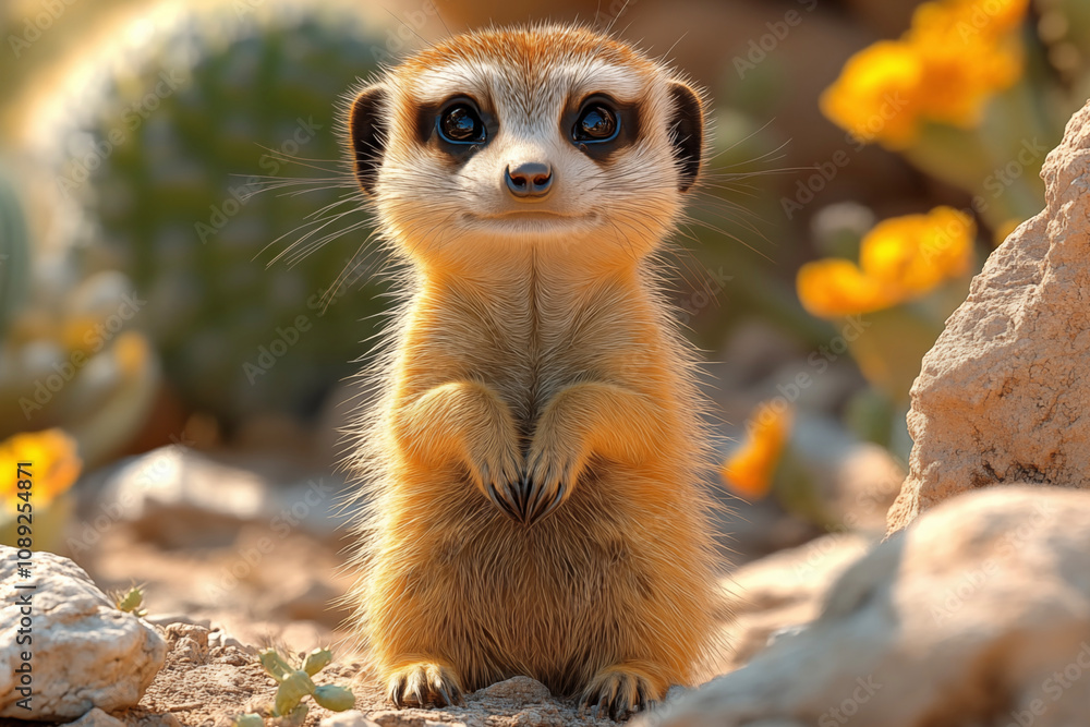 Fototapeta premium A stunning close-up of a meerkat showcasing its curious gaze and intricate fur details. Perfect for wall art, prints, or unique merchandise that celebrates nature’s charm.