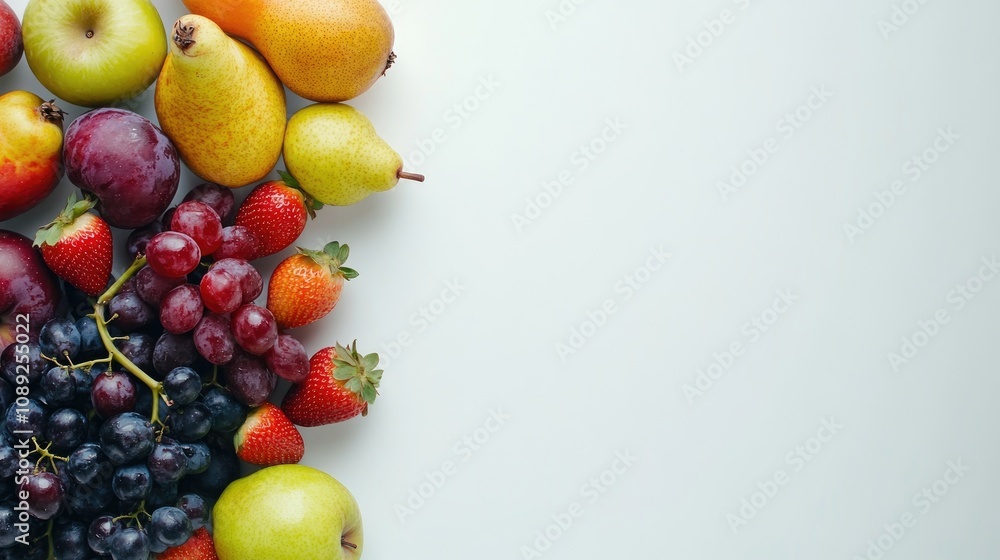 Variety of fresh fruits including grapes, apples, pears, and strawberries arranged on a clean white surface with space for text. Variety of fresh fruits including grapes, apples, pears, and strawberries arranged on a clean white surface with space for text.