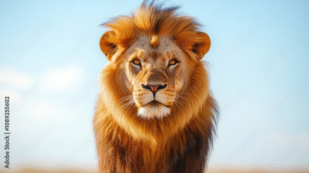 Fototapeta premium Close-Up of a Majestic Lion with a Stunning Golden Mane Set Against a Clear Blue Sky, Exuding Power and Regal Presence