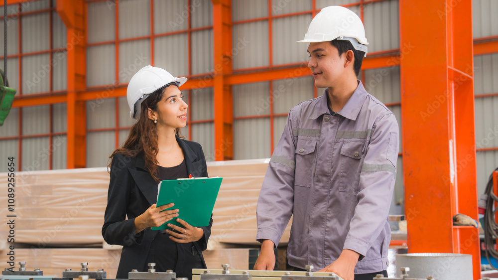 A male expertise engineering is explaining about the quality of metal sheet machine of industry to female inspector and Mechanic or technician in manufacturing or factory, Business's safety check. A male expertise engineering is explaining about the quality of metal sheet machine of industry to female inspector and Mechanic or technician in manufacturing or factory, Business's safety check.