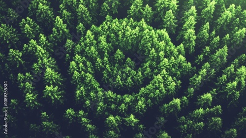 Aerial view of dense forest with tall green trees creating lush canopy, featuring large curved shape of green leaves.