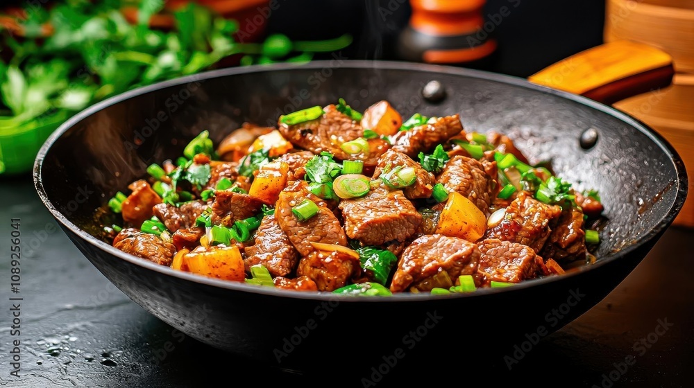 Sizzling stirfried beef in wok, moody tones, cozy homecooked Chinese food, rich aroma and warmth Sizzling stirfried beef in wok, moody tones, cozy homecooked Chinese food, rich aroma and warmth