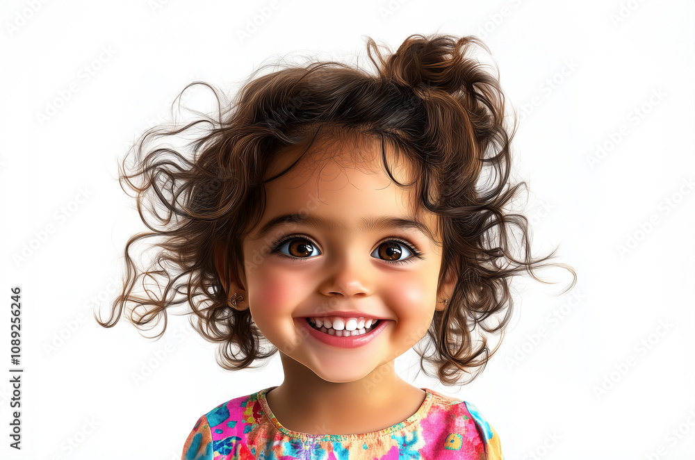 A joyful little girl with curly hair and a bright smile, wearing a colorful dress. Her sparkling eyes radiate happiness and innocence. A joyful little girl with curly hair and a bright smile, wearing a colorful dress. Her sparkling eyes radiate happiness and innocence.