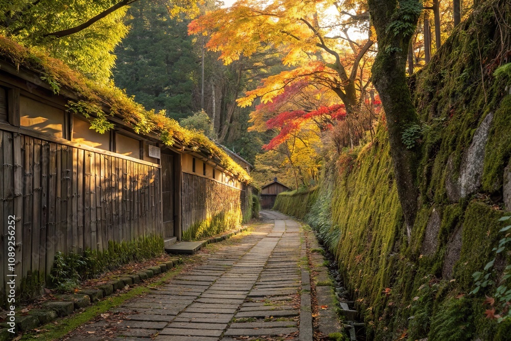 An old wooden alleyway covered in vines and moss during a colorful autumn season with sunlight filtering through, autumn colors, moss, vines, outdoor scene, warm light An old wooden alleyway covered in vines and moss during a colorful autumn season with sunlight filtering through, autumn colors, moss, vines, outdoor scene, warm light