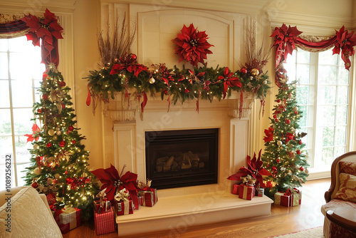 Elegant Christmas fireplace decoration with poinsettias, ribbons, and garlands in red tones, a decorated tree on each side of the mantel, and wrapped gifts under it