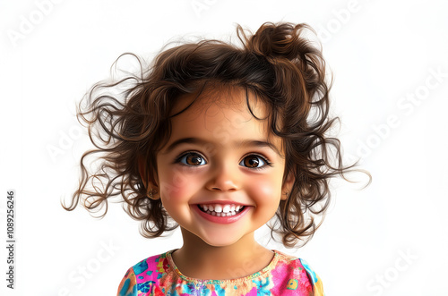 A joyful little girl with curly hair and a bright smile, wearing a colorful dress. Her sparkling eyes radiate happiness and innocence.