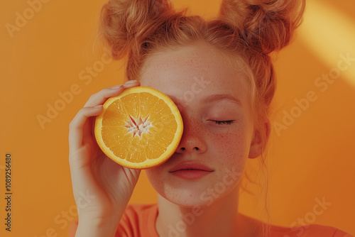 A young girl with freckles gently holds a sliced orange to her face against a vibrant orange background, creating a playful and fresh aesthetic.