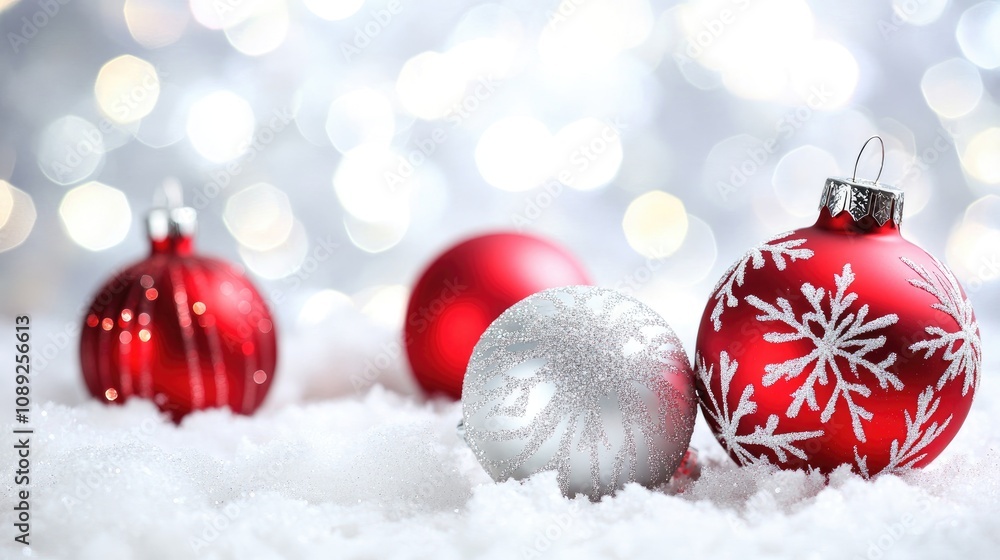 Christmas-themed wallpaper showcasing red and silver ornaments adorned with snowflakes, nestled in fluffy white snow against a backdrop of softly blurred, sparkling lights. Christmas-themed wallpaper showcasing red and silver ornaments adorned with snowflakes, nestled in fluffy white snow against a backdrop of softly blurred, sparkling lights.