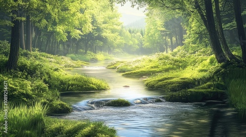 A serene forest stream meandering through lush greenery, framed by vibrant foliage and soft grass under the dappled sunlight.