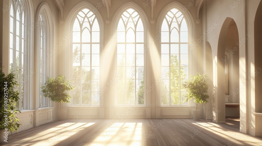 Enchanting interior space with tall arched windows allowing gentle rays of light, creating a captivating ambiance perfect for fantasy or gothic themes. Enchanting interior space with tall arched windows allowing gentle rays of light, creating a captivating ambiance perfect for fantasy or gothic themes.