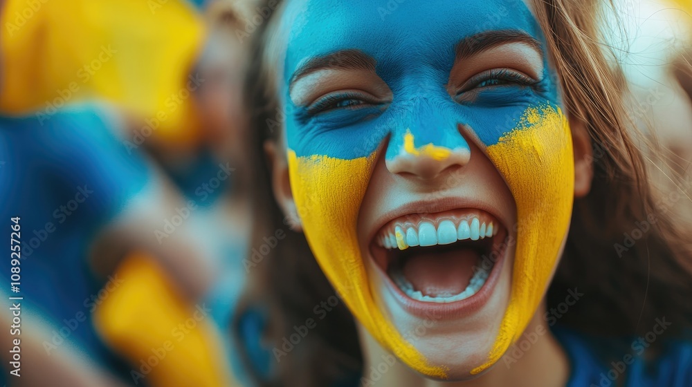 Cheerful fan with vibrant blue and yellow face paint joyfully celebrating at a lively sports event, capturing the spirit of team support. Cheerful fan with vibrant blue and yellow face paint joyfully celebrating at a lively sports event, capturing the spirit of team support.