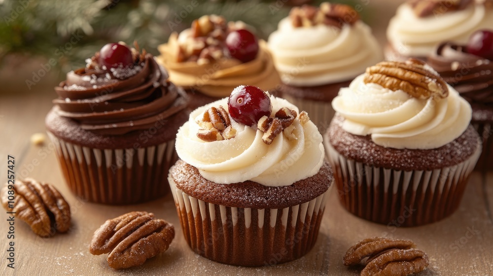 Festive Christmas cupcakes topped with gingerbread, sugared cranberries, and candied pecans, arranged on a rustic wooden surface. Festive Christmas cupcakes topped with gingerbread, sugared cranberries, and candied pecans, arranged on a rustic wooden surface.