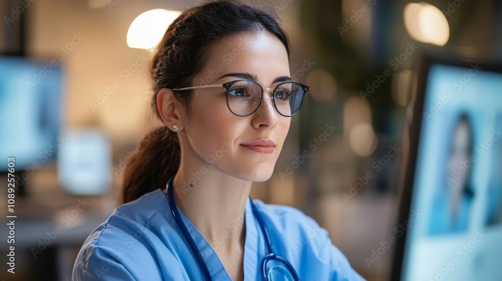Fototapeta premium processing industry factory workflow concept, A focused female doctor in scrubs and glasses works intently at a computer, highlighting the intersection of healthcare and technology.