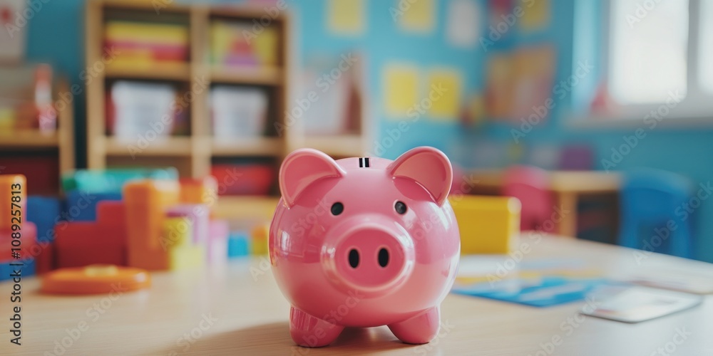 A pink piggy bank sits on a table in a colorful room filled with toys and educational materials. A pink piggy bank sits on a table in a colorful room filled with toys and educational materials.