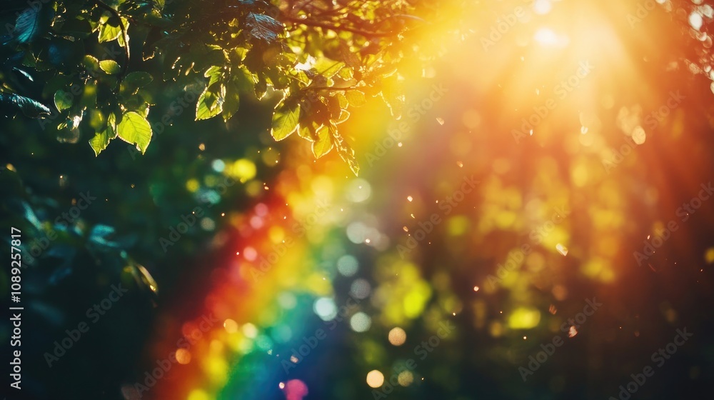 A serene forest scene illuminated by sunlight, featuring a vibrant rainbow amidst sparkling dew and lush green foliage. A serene forest scene illuminated by sunlight, featuring a vibrant rainbow amidst sparkling dew and lush green foliage.