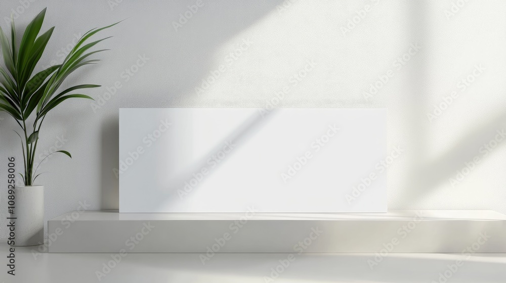 Modern advertising banner mockup displaying a blank white space for text against a minimalist background with a potted plant, perfect for promotional use. Modern advertising banner mockup displaying a blank white space for text against a minimalist background with a potted plant, perfect for promotional use.