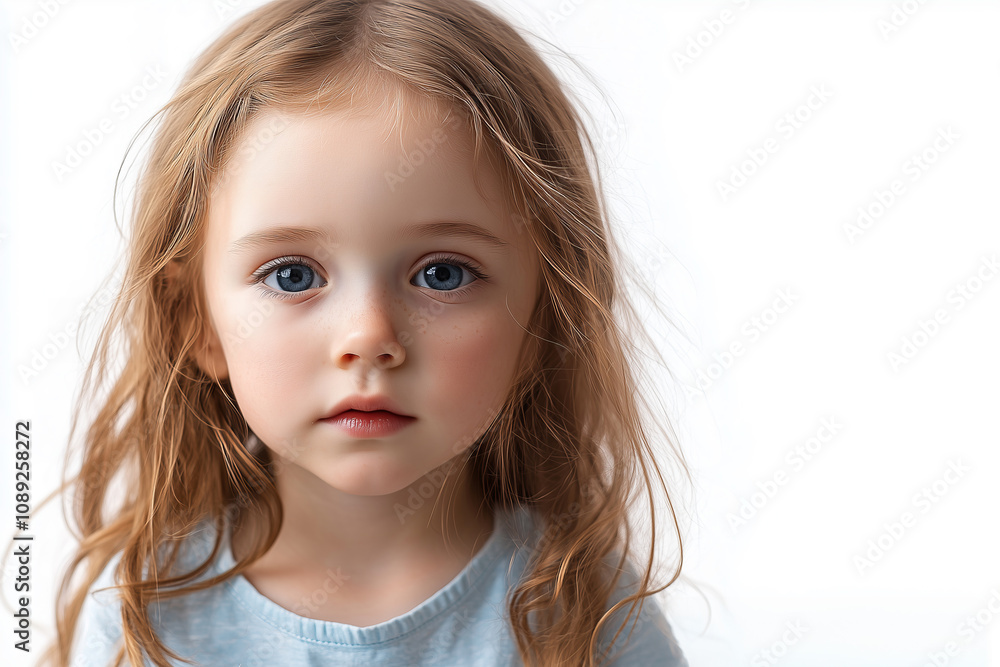 A young child with long, wavy hair and striking blue eyes gazes thoughtfully at the camera against a soft, white background. A young child with long, wavy hair and striking blue eyes gazes thoughtfully at the camera against a soft, white background.