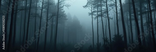 Dark forest landscape with misty atmosphere and tall trees, mist, foliage