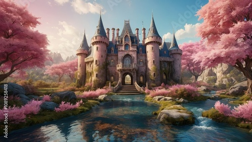 a castle in the middle of a field with pink trees and water flowing through it