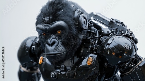 A robotic gorilla with intricate mechanical features and glowing eyes.