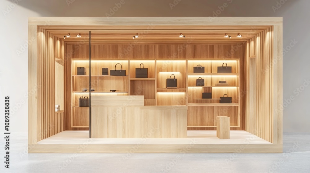 3D rendering of a modern wooden exhibition stand featuring illuminated product displays for showcasing e-commerce items and stylish handbag arrangements. 3D rendering of a modern wooden exhibition stand featuring illuminated product displays for showcasing e-commerce items and stylish handbag arrangements.