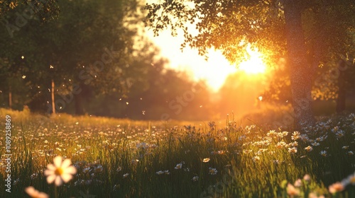 Fototapeta Naklejka Na Ścianę i Meble -  Serene meadow bursting with wildflowers, bathed in the warm glow of a picturesque sunset, creating a tranquil and beautiful scene.