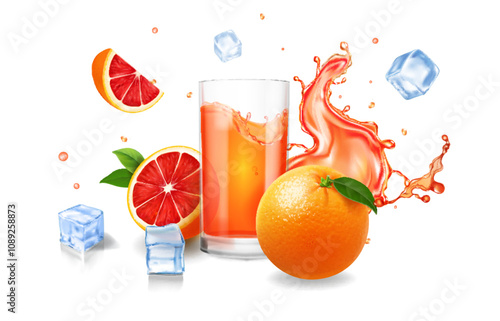 Grapefruit juice. Glass pf grapefruit drink with fresh citrus fruit. Splashing beverage isolated advertising. .Summer refreshing alcoholic drink with grapefruit, ice.