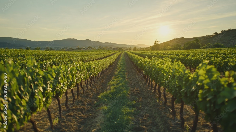 Fototapeta premium Vast vineyard landscape at sunset showcasing rows of lush grapevines with golden sunlight illuminating the organic produce and sustainable farming practices.