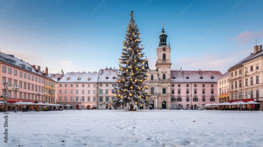 Fototapeta premium Snowy square with a large Christmas tree.