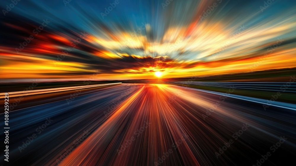 Sunset Over Racing Track Capturing Blurred Motion with Vibrant Colors and Dynamic Light Reflections on Wet Surface Sunset Over Racing Track Capturing Blurred Motion with Vibrant Colors and Dynamic Light Reflections on Wet Surface