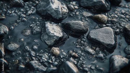 Close-up of polished gray stones and pebbles creating a textured surface with glistening wetness and smooth, rounded edges in natural light. photo