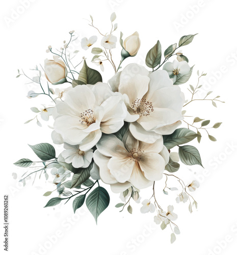 PNG White flowers with green leaves