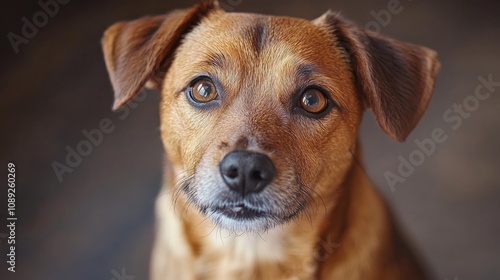 Portrait of a charming mixed breed dog with expressive eyes and warm brown fur, highlighted by soft and vibrant lighting that enhances its features.