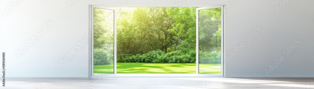 A bright, open window reveals a lush green garden, inviting natural light into a serene indoor space. A bright, open window reveals a lush green garden, inviting natural light into a serene indoor space.