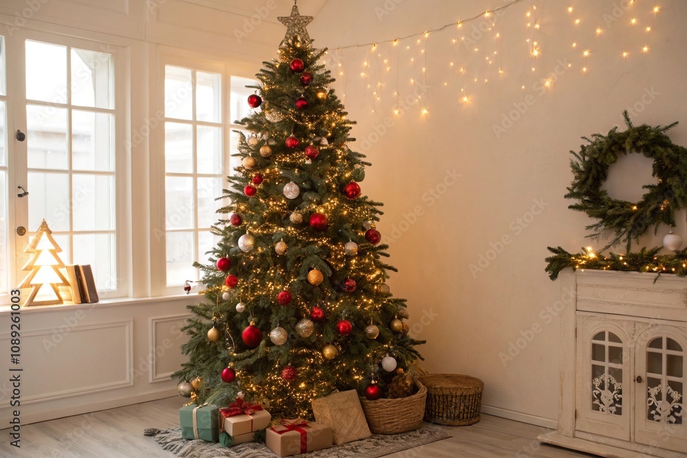 Christmas tree decorated with ornaments and lights in a bright room, happy, lively Christmas tree decorated with ornaments and lights in a bright room, happy, lively