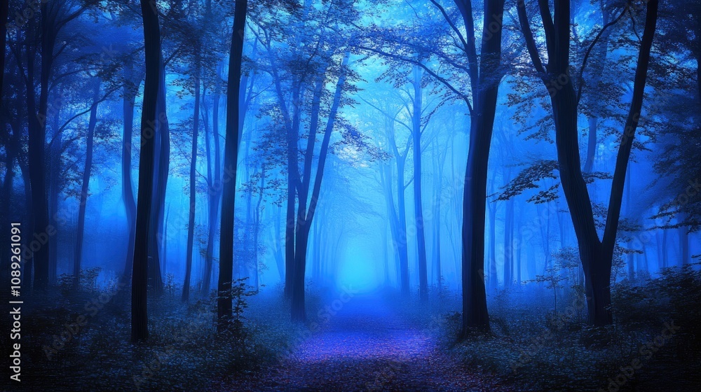 Mysterious blue-hued forest shrouded in mist at dusk, evoking an eerie and enchanting atmosphere in digital artwork. Mysterious blue-hued forest shrouded in mist at dusk, evoking an eerie and enchanting atmosphere in digital artwork.