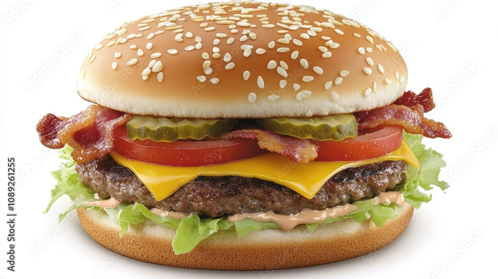 Juicy cheeseburger with melted cheese, crispy bacon, fresh lettuce, ripe tomatoes, pickles, and a toasted sesame seed bun, perfect for burger lovers. Juicy cheeseburger with melted cheese, crispy bacon, fresh lettuce, ripe tomatoes, pickles, and a toasted sesame seed bun, perfect for burger lovers.