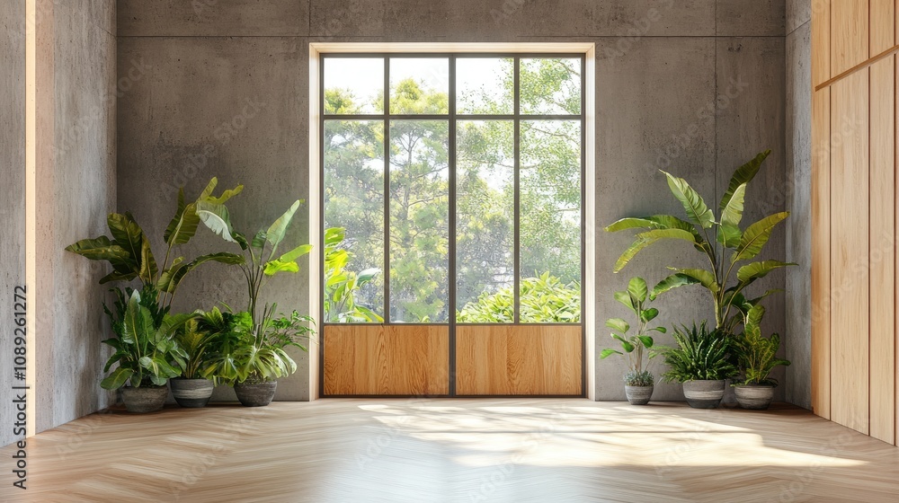 Fototapeta premium Spacious contemporary loft with concrete and wooden walls, parquet flooring, lush plants, and a large panoramic window opening to a vibrant garden.