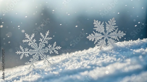 Close-up of snowflakes gently falling on a frosty surface, snowflake, transparent